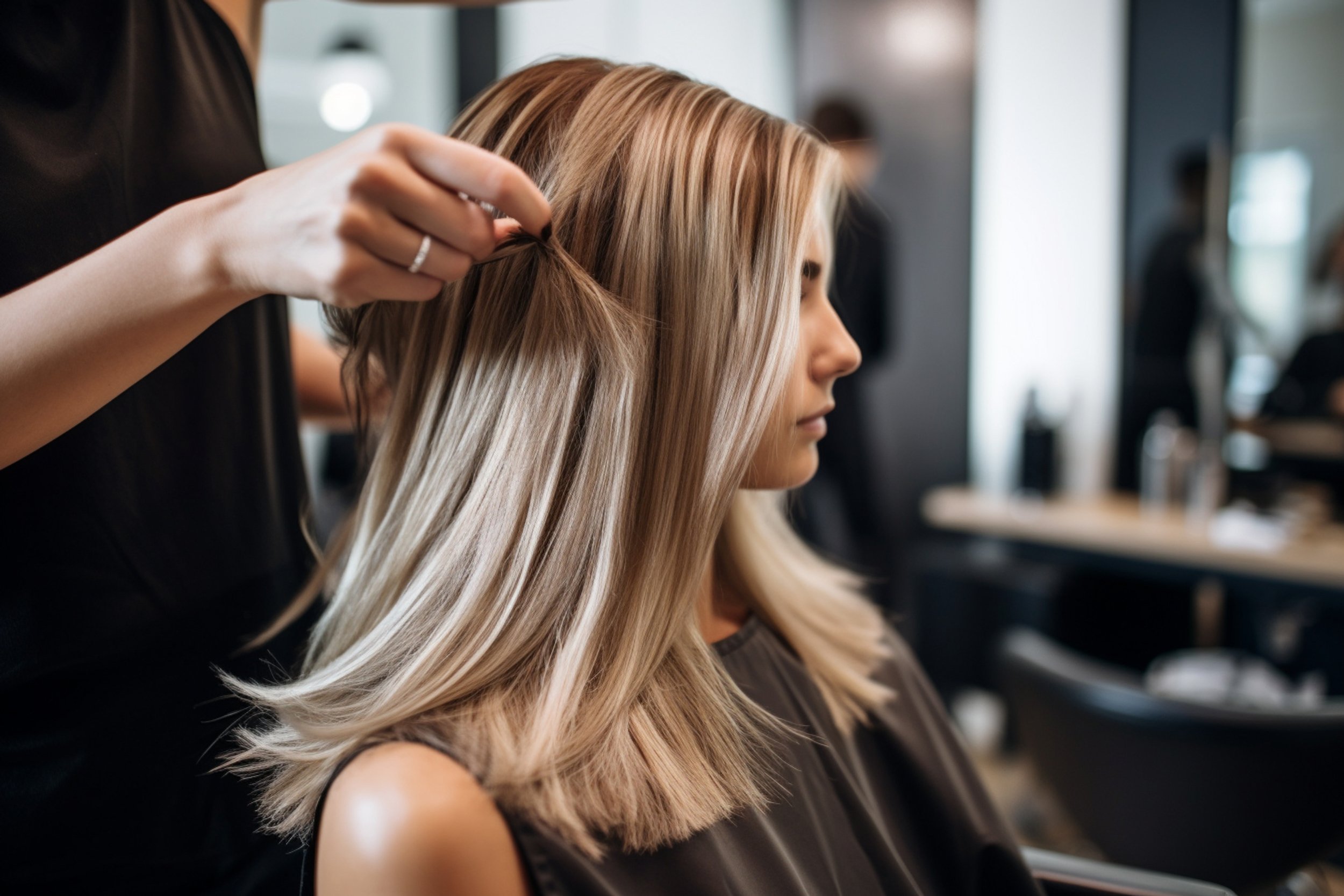 Friseurin stylt die blonde Frau im Schönheitssalon.